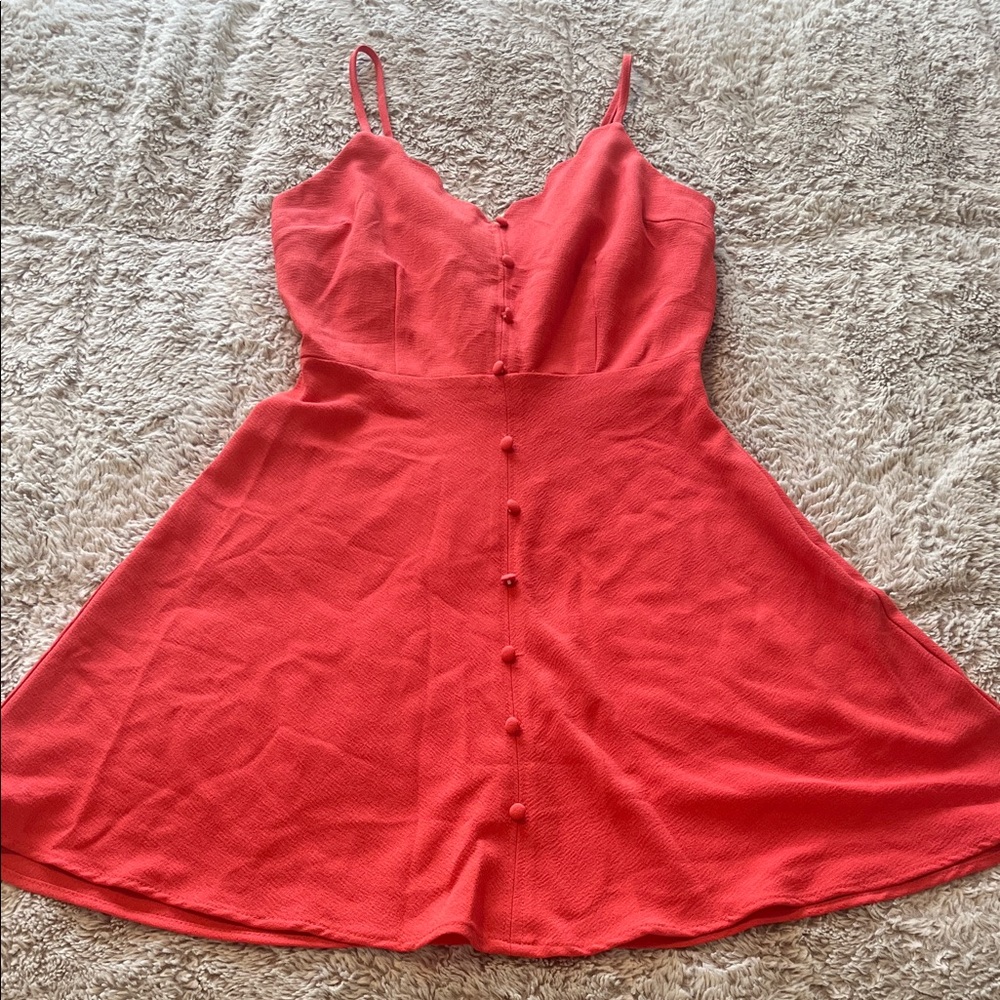 Mine - Coral Red Spaghetti Strap Button-Front Mini Dress